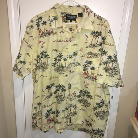 Timberland Performance Hawaiian Shirt Men's Size L Button Down Tropical Cotton - Picture 2 of 7